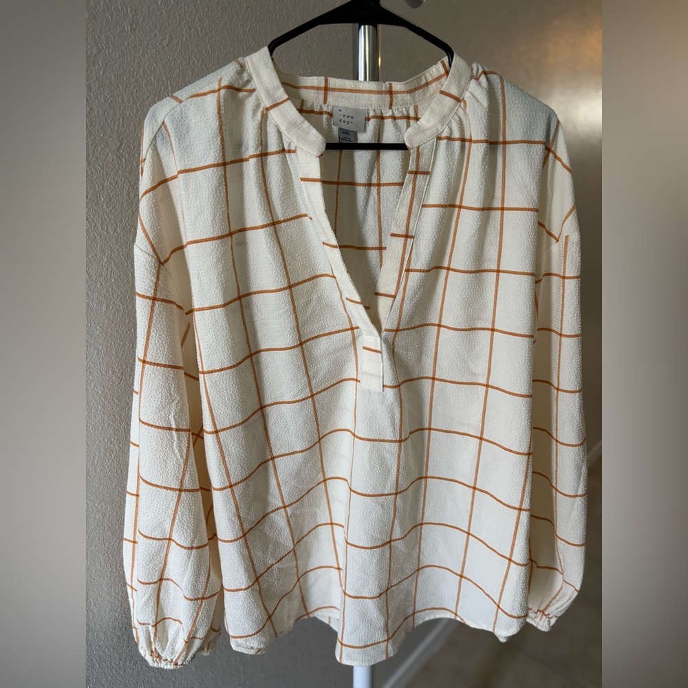 a new day Cream and Orange Checkered Blouse